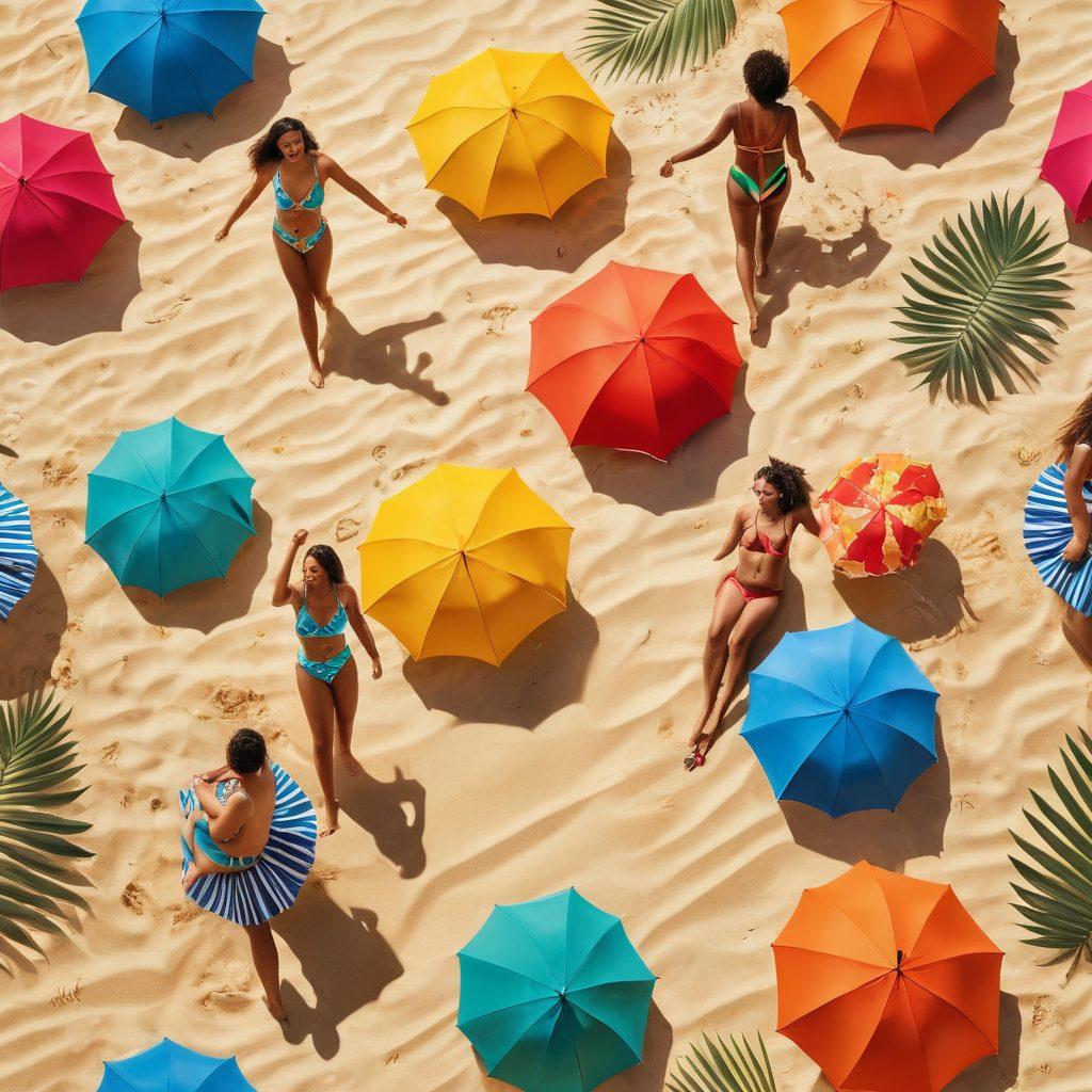 A vibrant beach scene showcasing a diverse group of individuals in stylish swimwear celebrating summer within the LGBTQ community, surrounded by colorful beach umbrellas and tropical plants. Each person represents different ethnicities and body types, radiating joy and inclusivity. The sun shines brightly, casting cheerful shadows on the sand and illuminating the diversity of patterns and colors in the swimwear. A sense of freedom and acceptance fills the air. super-realistic. vibrant colors. summer vibe.